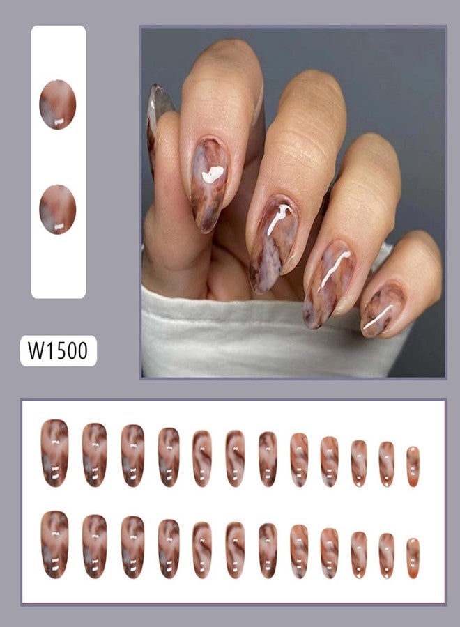 OSTTMA 24Pcs Almond Press on Nails Short Fake Nails Brown Gray Marble False Nails with Gradient Watercolor Halo Designs Glossy Glue on Nail Full Cover Artificial Acrylic Nail for Women Manicure - Image 2